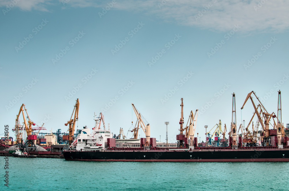 Cargo crane, ship, sea.