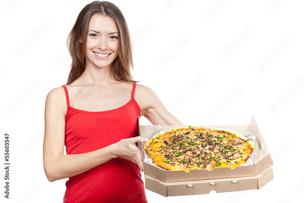 beautiful brunette woman holding box with pizza beautiful brunette woman holding box with pizza