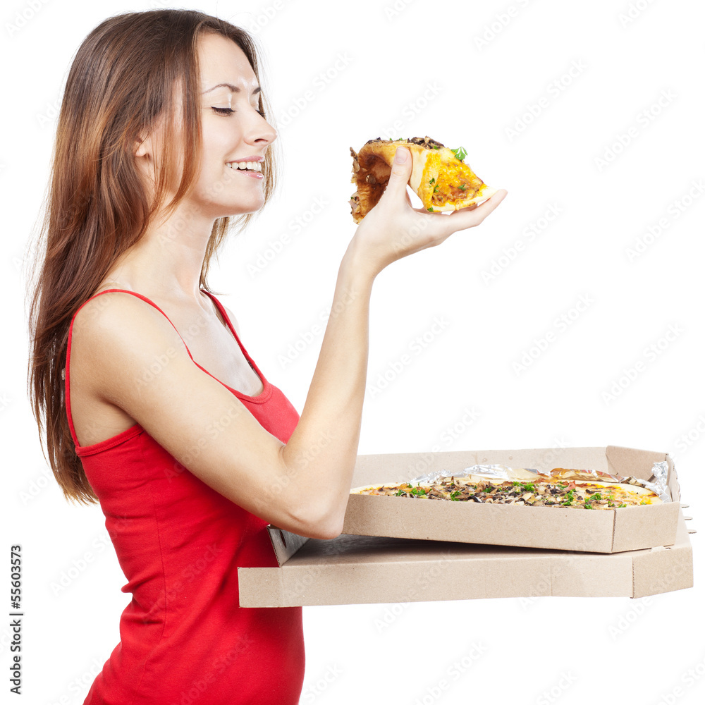 beautiful brunette woman holding piece of pizza beautiful brunette woman holding piece of pizza