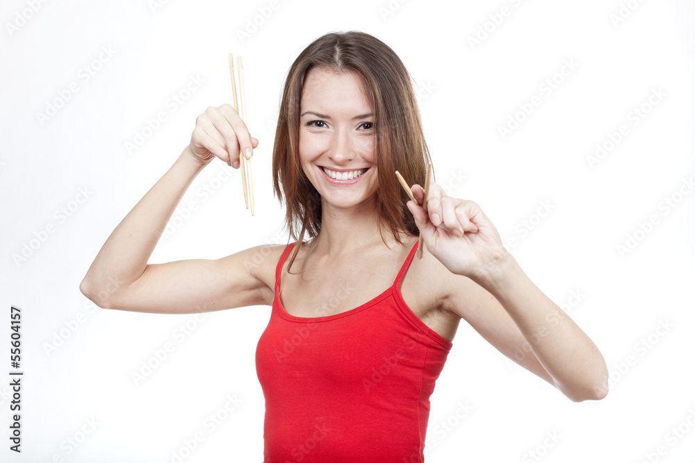 Fototapeta premium Beautiful brunette woman sushi chopsticks