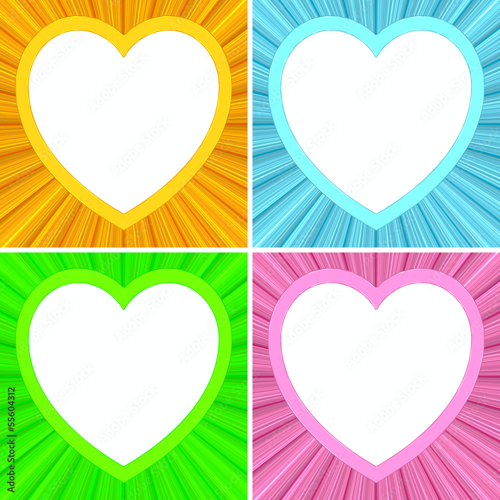 Set of blank heart shaped frames on colorful background