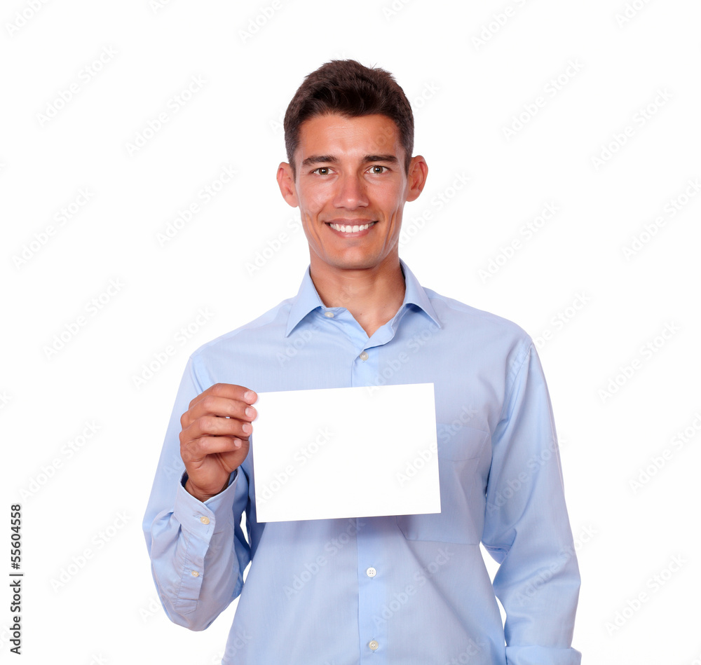 Latin man holding white blank card Latin man holding white blank card