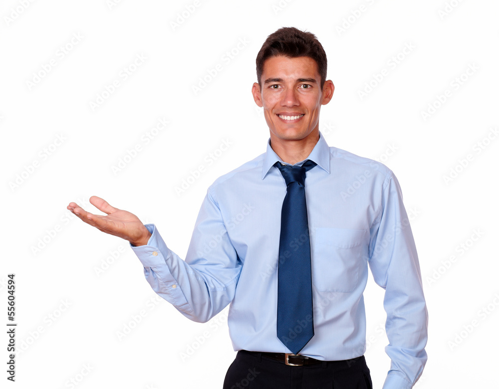 Charming fashionable businessman holding his palm Charming fashionable businessman holding his palm