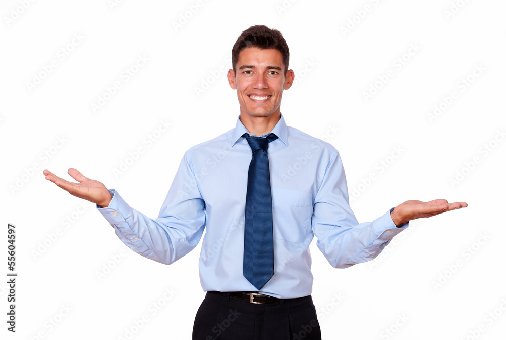 Attractive businessman holding up his palms Attractive businessman holding up his palms