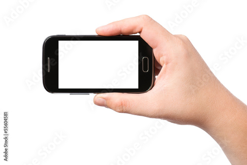 Hand holding smartphone with white screen