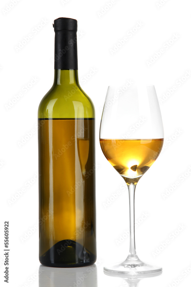 Wine bottle and wineglass with white wine, isolated on white Wine bottle and wineglass with white wine, isolated on white