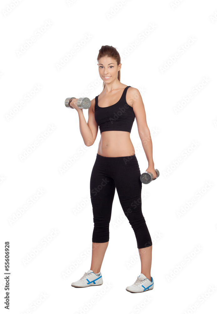 Happy fitness woman lifting dumbbells Happy fitness woman lifting dumbbells