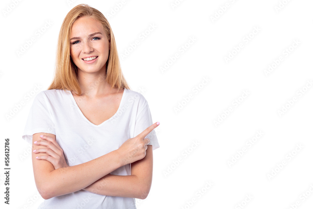 Woman with folded arms pointing her finger Woman with folded arms pointing her finger