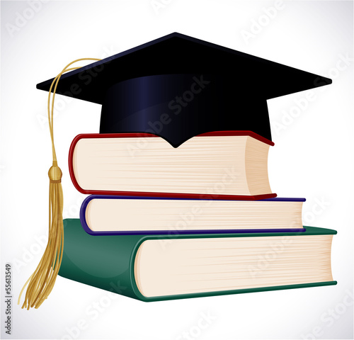 Graduation cap on stuck of books. Vector illustration.
