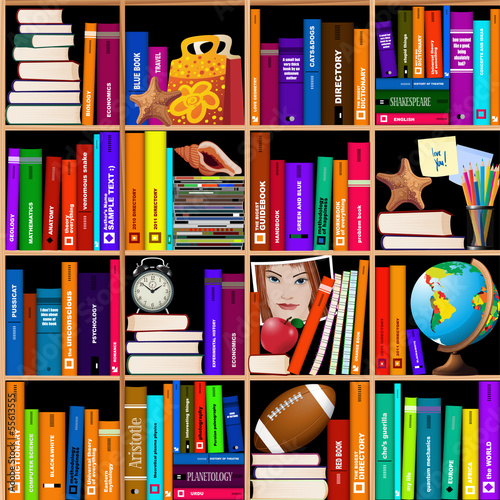 Seamless vector wooden bookshelves with different objects