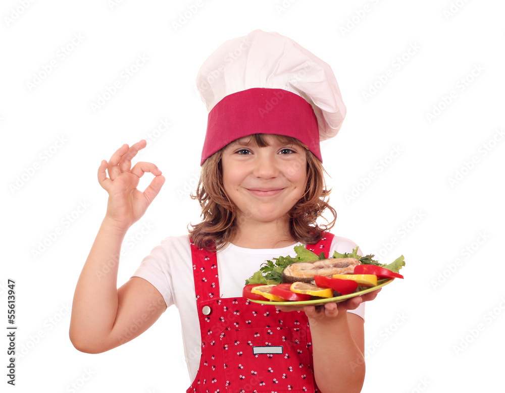 happy little girl with salmon seafood and ok hand sign happy little girl with salmon seafood and ok hand sign
