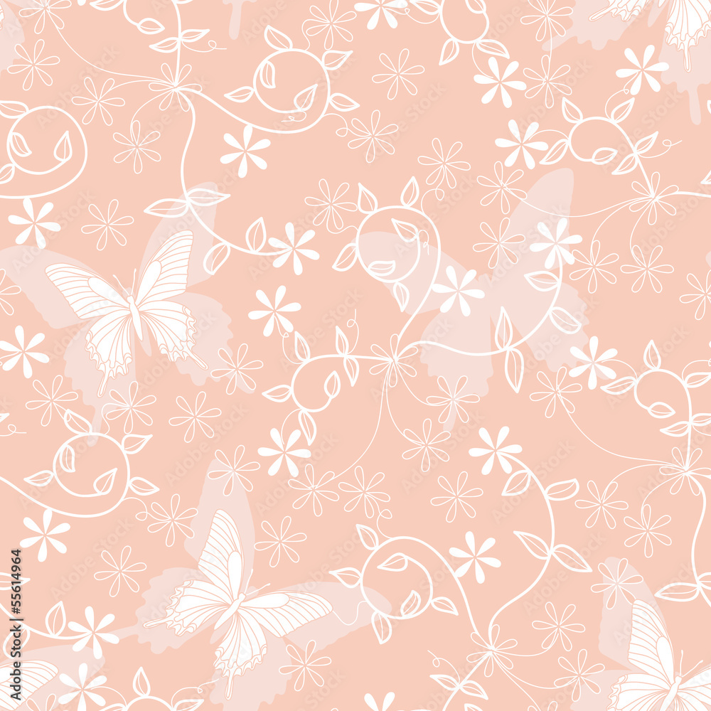 vector seamless pink floral background with butterflies