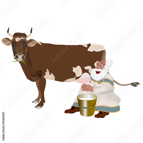 Old Grandpa milkman and a cow.Vector