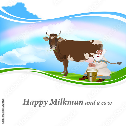 Old Grandpa milkman and a cow.Vector