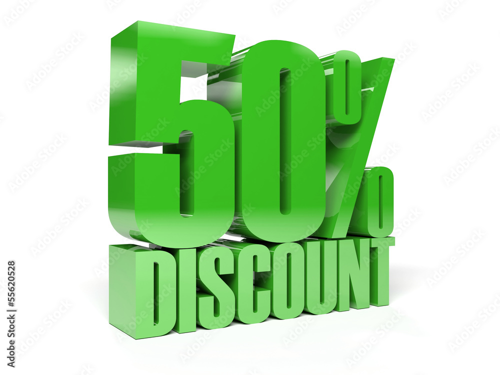 50 percent discount. Green shiny text. Concept 3D illustration. 50 percent discount. Green shiny text. Concept 3D illustration.
