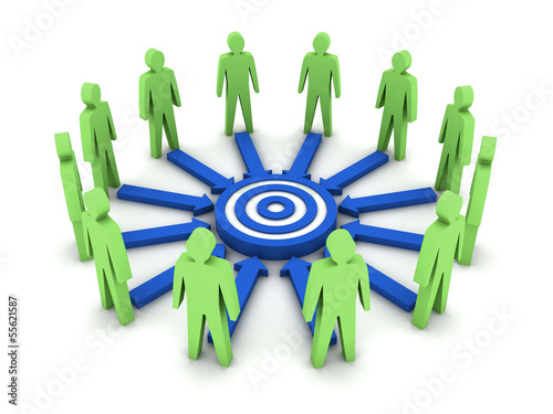 Group of 3D people working towards a common target.