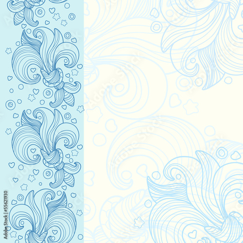 Blue card with abstract flowers and seamless vertical border