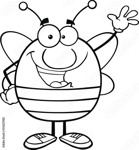 Black And White Pudgy Bee Cartoon Character Waving For Greeting