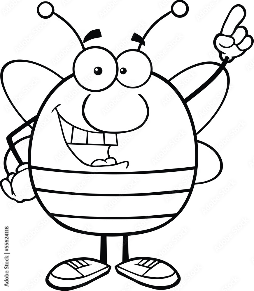 Black And White Pudgy Bee Cartoon Character Pointing With Finger Black And White Pudgy Bee Cartoon Character Pointing With Finger