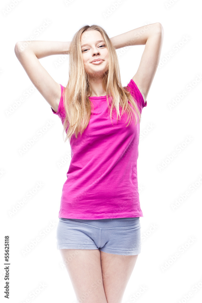 Young beautiful woman wearing pink t-shirt Young beautiful woman wearing pink t-shirt