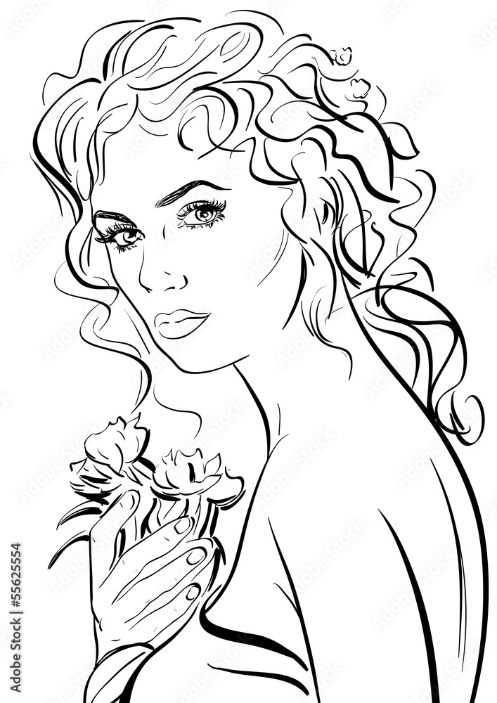 croquis noir et blanc belle femme romantique Stock Illustration