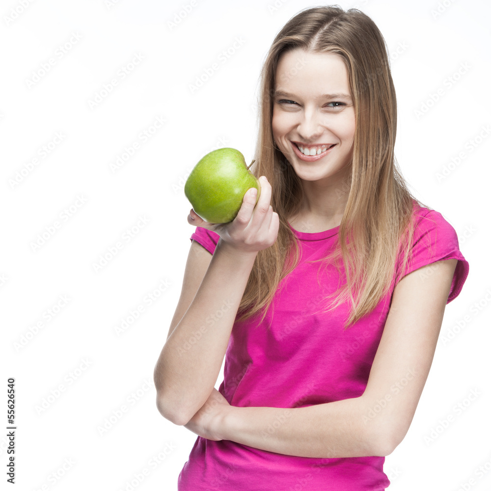young beautiful blond woman holding green apple young beautiful blond woman holding green apple