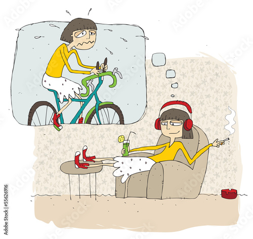 Happy and lazy teenage girl cartoon with thought bubble