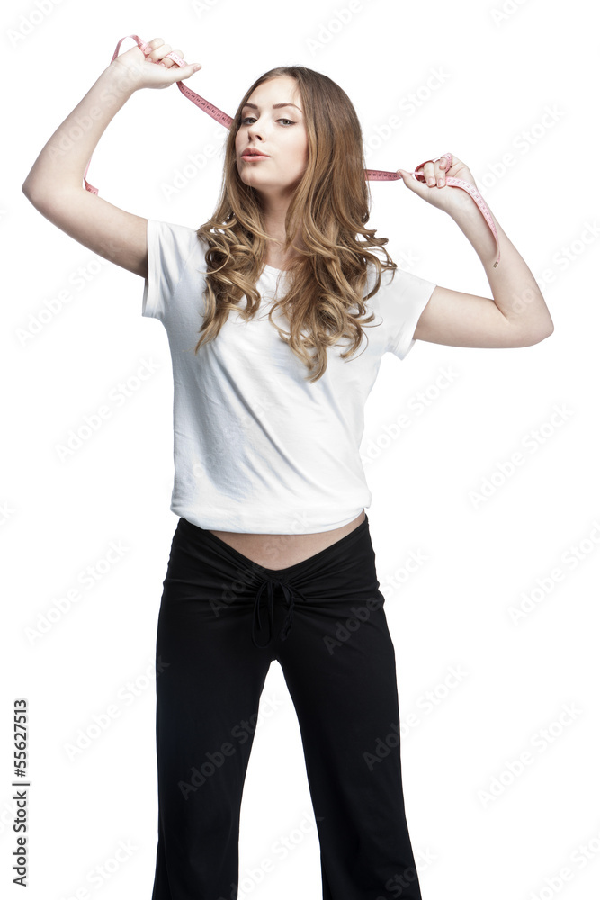 young beautiful brunette woman holding meter young beautiful brunette woman holding meter
