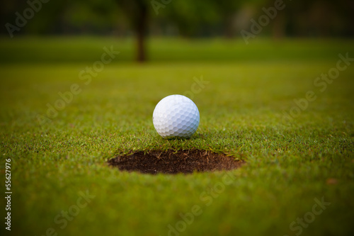 golf ball on lip of cup.