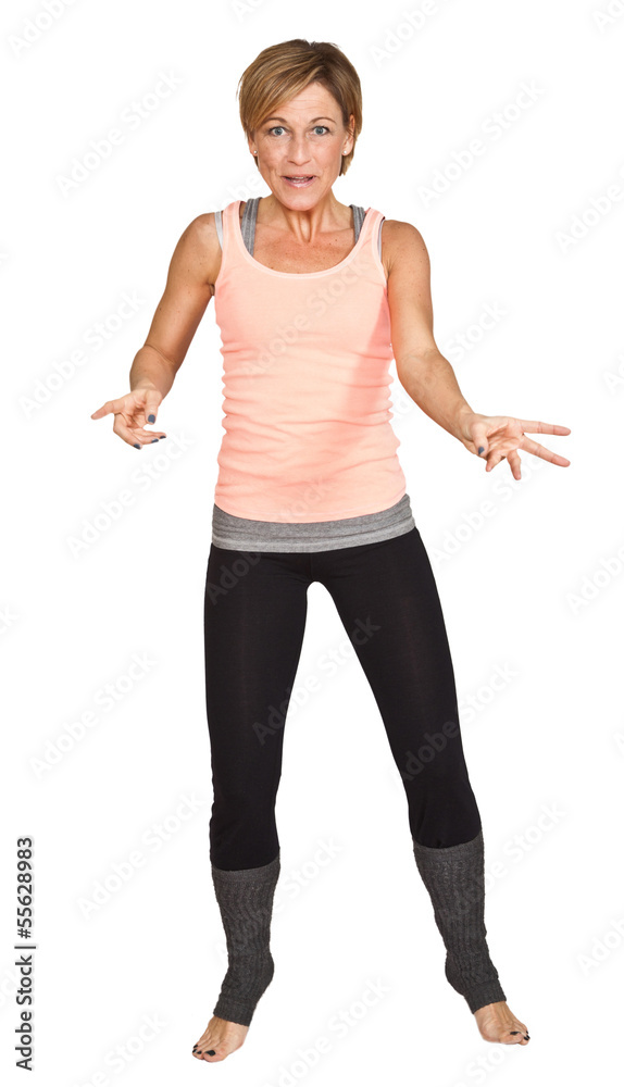Cute woman standing and dancing on isolated white background Cute woman standing and dancing on isolated white background