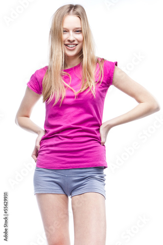 Young beautiful woman wearing pink t-shirt