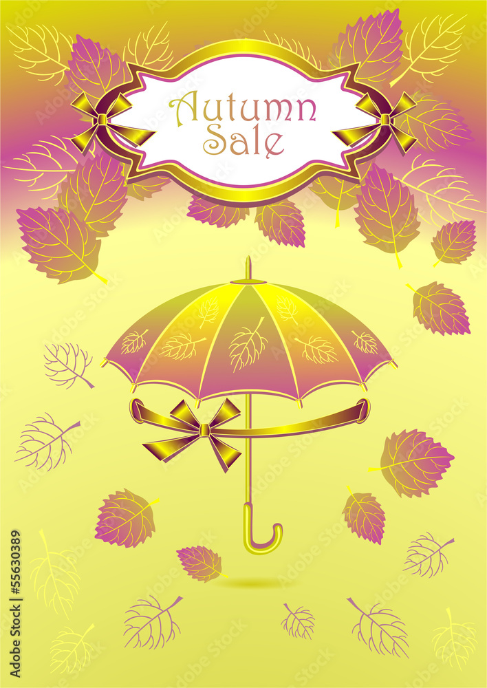 Naklejka premium Autumn background with label bows ribbons leaves umbrella