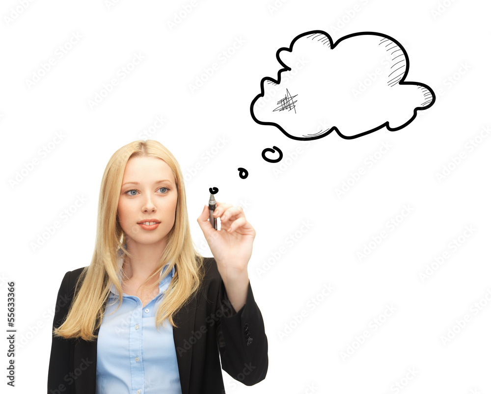 businesswoman drawing blank text bubble businesswoman drawing blank text bubble