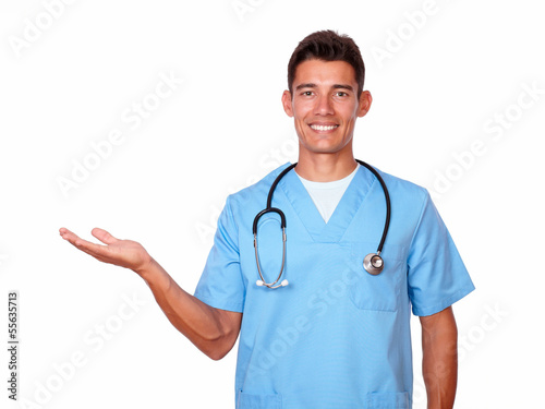 Attractive male nurse holding his palm out