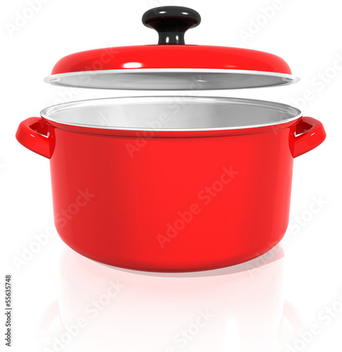 red pan with a raised lid on a white background