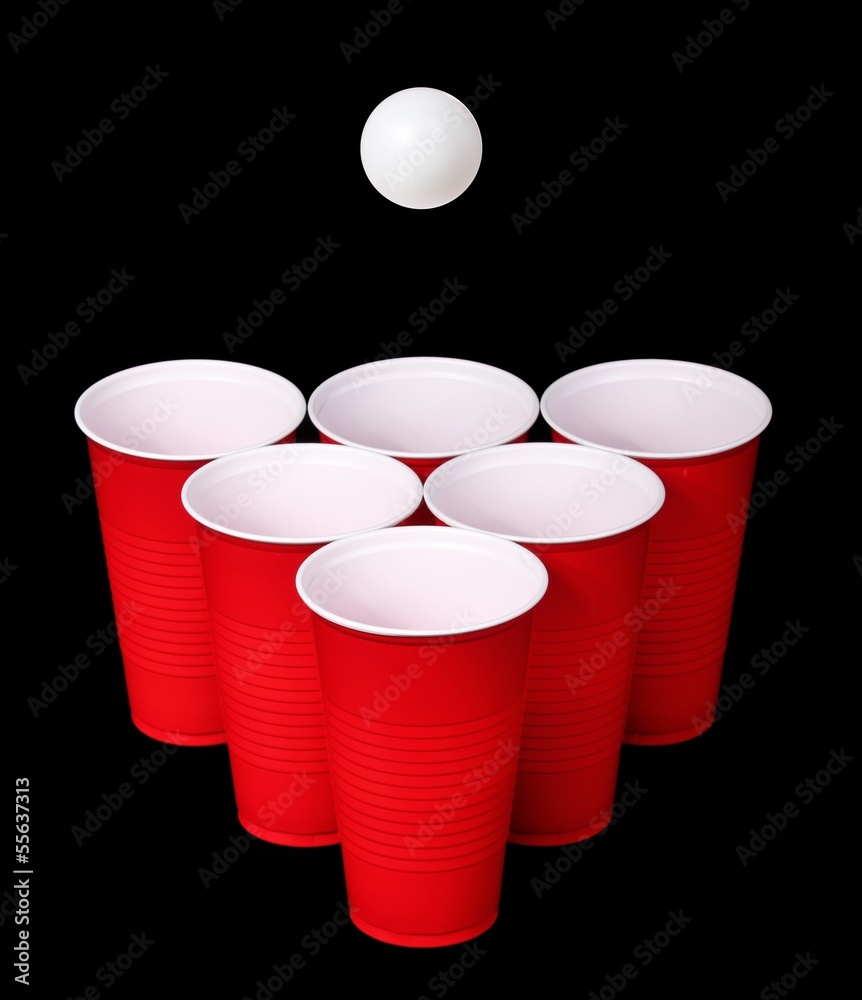 Beer pong. Red plastic cups and ping pong ball over black Stock Photo |  Adobe Stock