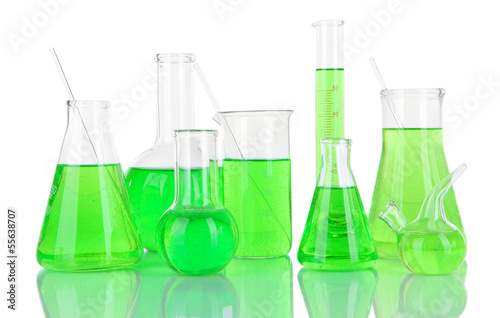 Test-tubes with green liquid isolated on white