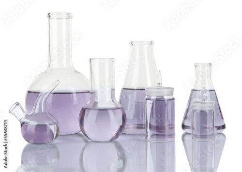 Test-tubes with light purple liquid isolated on white