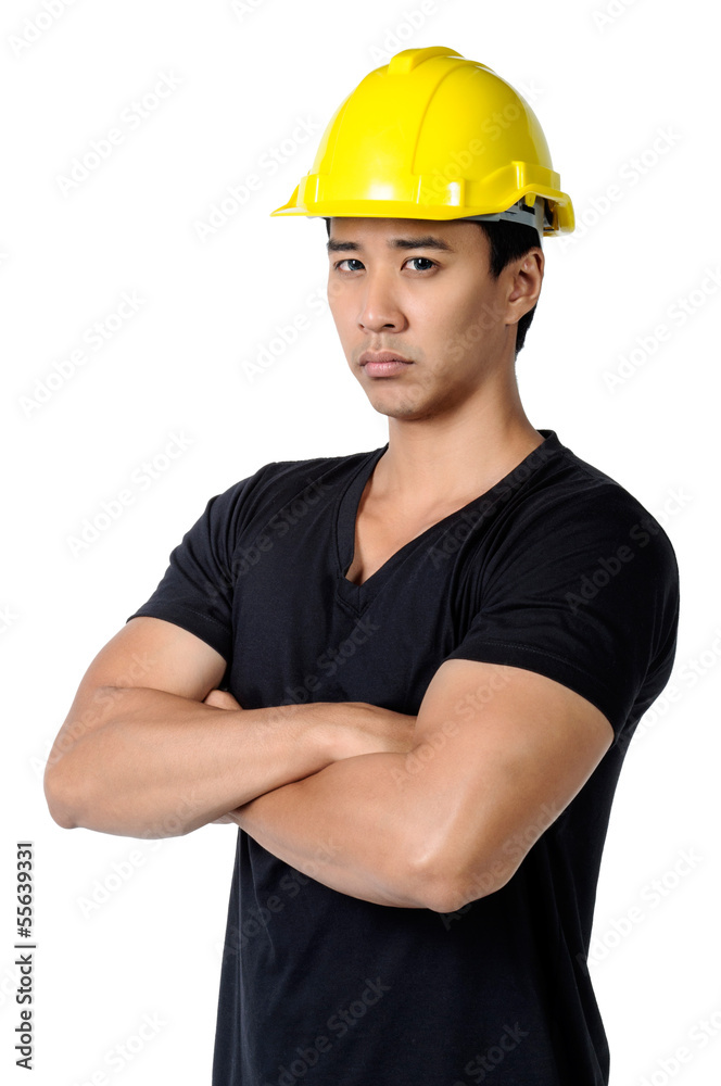 A solemn young  foreman isolated