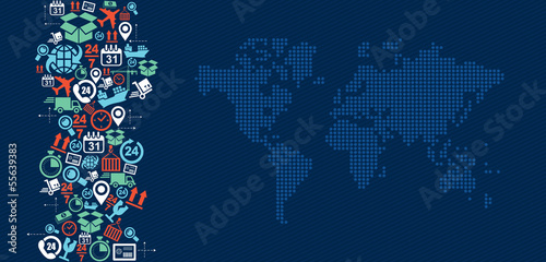Shipping logistics world map icons splash illustration.