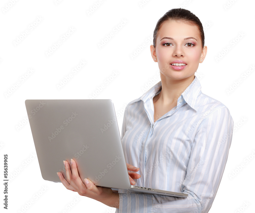 A young woman holding a laptop, isolated on white background A young woman holding a laptop, isolated on white background
