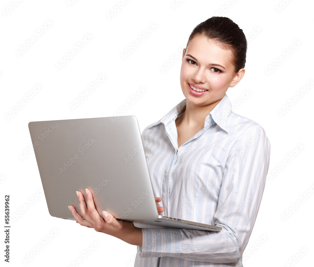 A young woman holding a laptop, isolated on white background A young woman holding a laptop, isolated on white background