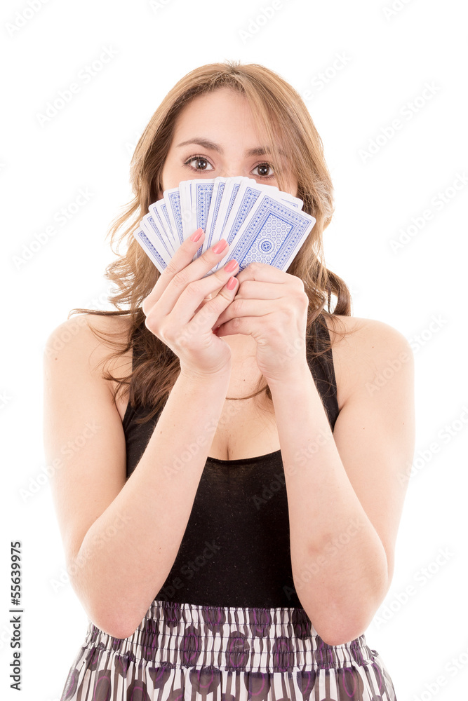Atractive girl playing cards isolated on white background Atractive girl playing cards isolated on white background