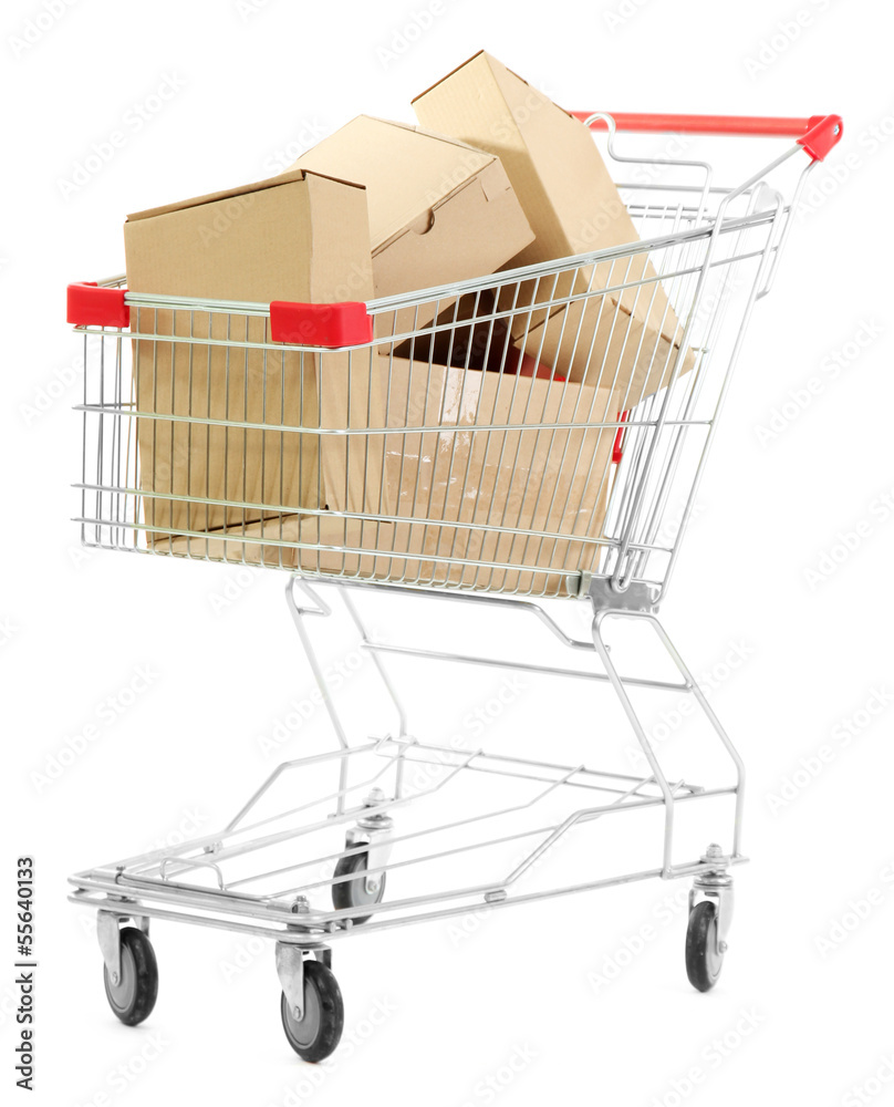 Shopping cart with carton, isolated on white