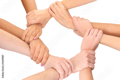 Ring of hands  isolated on white.  Conceptual photo of teamwork