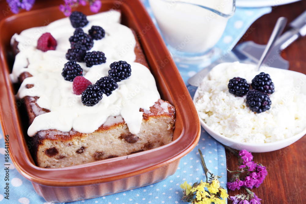 Cheese casserole with raisins in pan Cheese casserole with raisins in pan