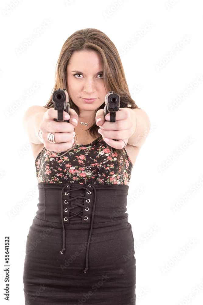 Young brunette woman with gun isolated on white Young brunette woman with gun isolated on white