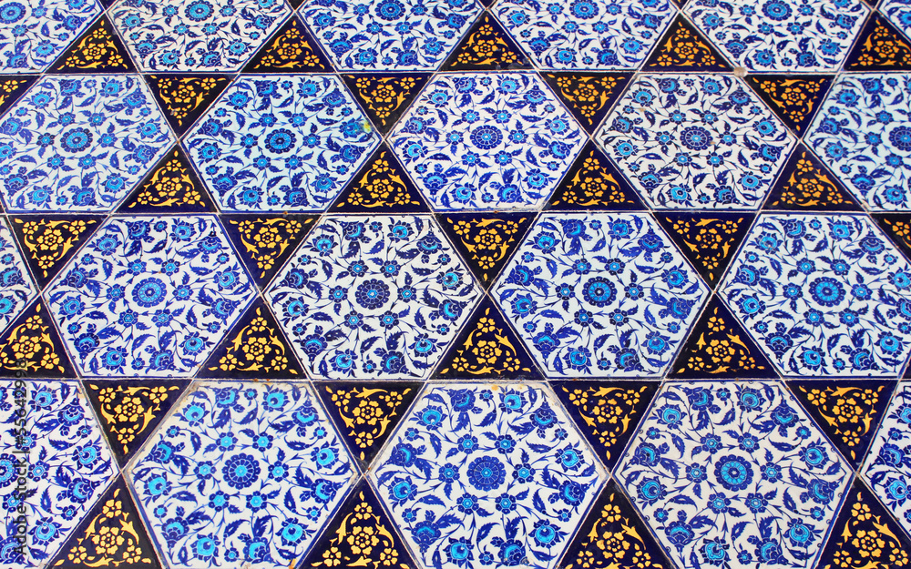 Close up photo of handmade Turkish tiles, in Topkapi Palace, Ist