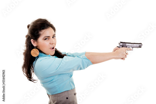 professonal woman with gun pointing