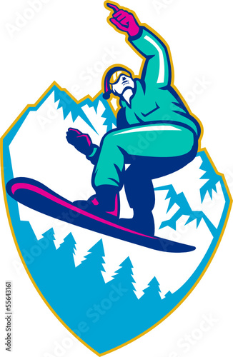 Snowboarder Holding Snowboard Alps Retro